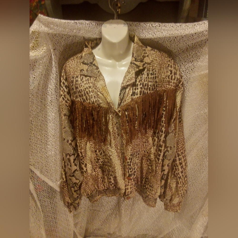 Malcom Flowers Reptile Print Silk Jacket Faux Leather Fringe VTG  Women’s Sz XL